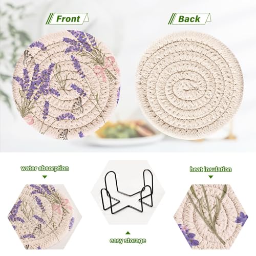 Beautiful Purple Lavender Drink Coasters Set - 6 Pcs Minimalist Woven Coasters with Holder for Home Decor, 3.94 Inch Absorbent Coasters for Drinks - color: A01