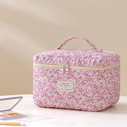 HBselect Quilted Makeup Bag, 3Pcs Cotton Large Travel Makeup Bags Organizer - color: A-3PCS-Floral 20