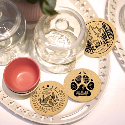 Coasters for Drinks with Holder Set of 6, Mountain Cork Coaster Absorbent Wood for Cup Desk Office Table Kitchen Decor House Warming Gifts for New Home Couples, Round 4" - color: Mountain