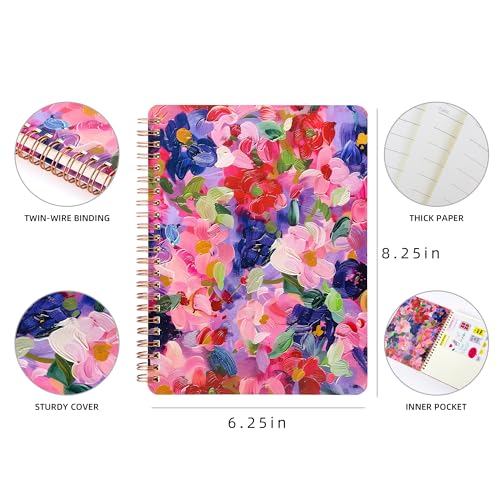 Aesthetic Spiral Notebook for Women, 8.25" x 6.25" Journal with Durable Hardcover and 160 Lined Pages with Large Pockets - Gift for Work, School, Travel & Daily Productivity (flowers-A) - color: flowers-A