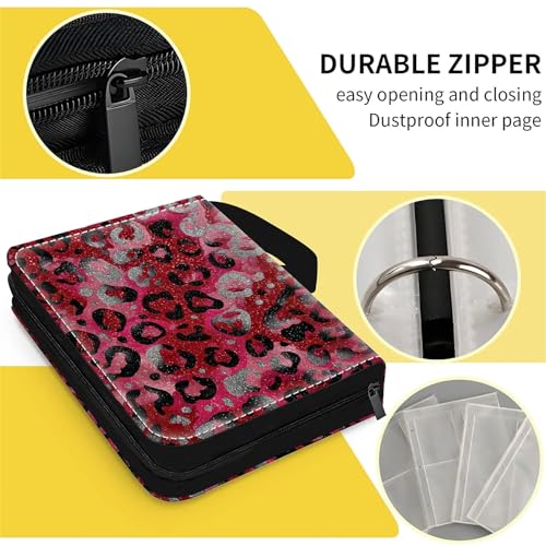 Card Binder 400 Pockets, 50 Sleeves Large Binder Trading Cards Holder 4 Pocket, Storage Organizer, Album Folder Case Protector Collector Gift Red Leopard Glitter - color: Red Leopard Glitter, size: 4 Pocket