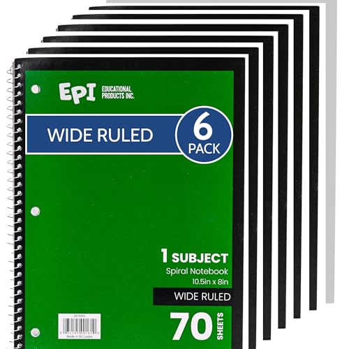 EPI Spiral Notebook | Wide - 70 Sheets, Durable Spiral Binding | 10.5 x 8 in | Classroom Supplies | School, Office, Note Taking, Journaling - 6 Pack - color: Green, size: 6
