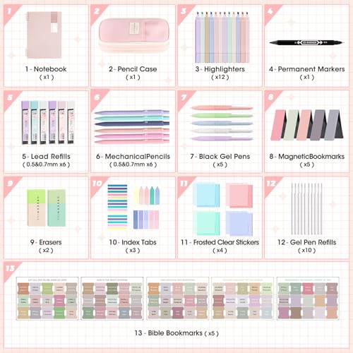 Bible Study Supplies Journaling Kit with Pen Case,12 Pastel Highlighters,5 Black Ink Gel Pens, 6 Mechanical Pencils 0.5 & 0.7mm,Sticky Note Index Tab and So on for bible study - color: Pink