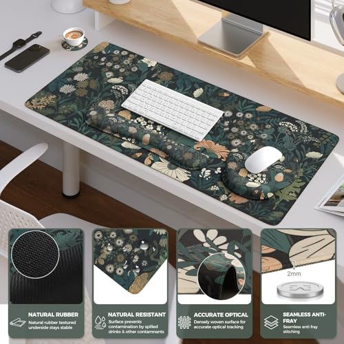 iCasso Desk Cover Mat, 4in1 Floral Large Mouse Pad with Wrist Rest - color: Cute Weeds
