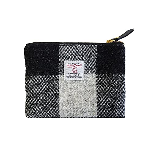 Harris Tweed Handmade Wool Zip Pouch with YKK Zipper Organizer Bag - color: Black and white grid, size: Large
