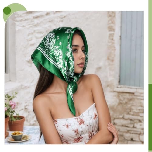 Seawhisper Premium Printed Satin Silk-Like Neck Scarf for Women Square 26" - color: Green