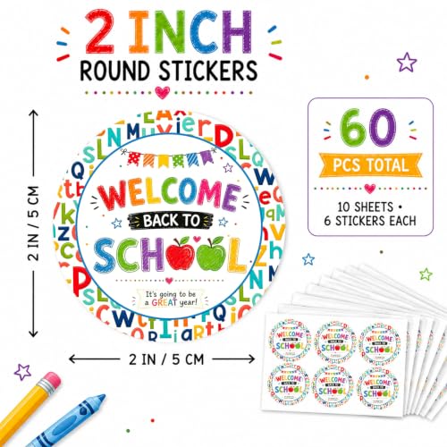 Back to School Stickers 60pcs, Welcome Back to School Round Sticker Labels for Teacher Gifts to Students, Classroom Rewards, First Day Treat Bags, Candy Bags, School Party Favors - style: Back to School