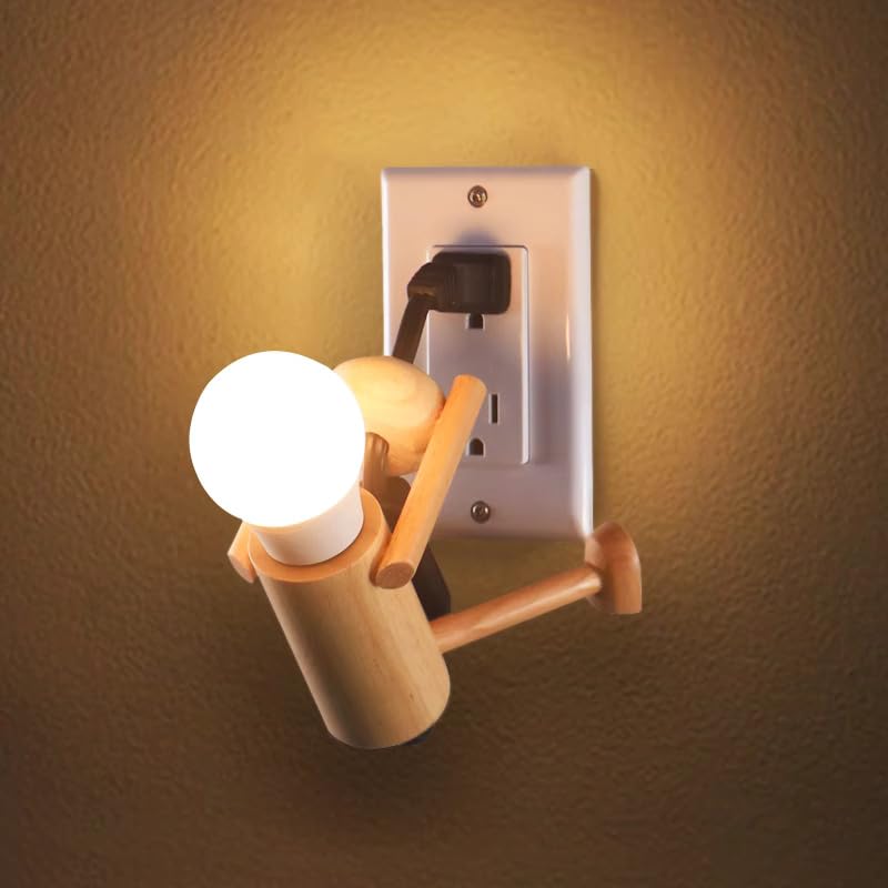 Wooden Night‑Light Desk Lamp – ‘Climber’ Stick‑Figure décor by HMC, Shatterproof LED Bulb, Plug‑in for Outlet, Cool Kid Room or Dorm Table Light