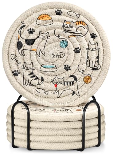 Absorbent Cup Coasters Set of 6 with Holder, Five Cats - color: Five Cats