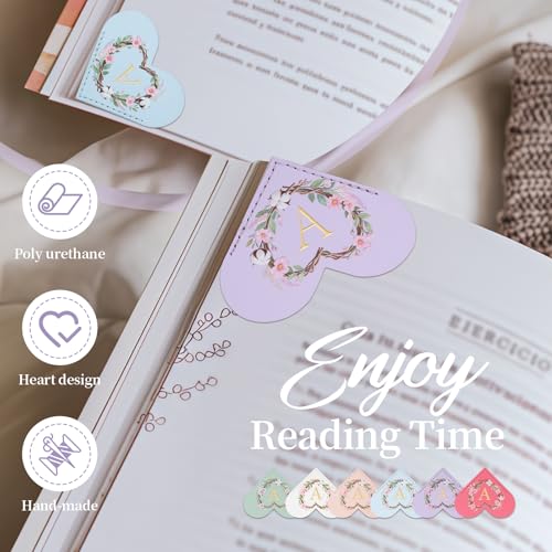 6 Pack Macaron Colorful Bookmarks,Heart Shape Leather Bookmark Set with Floral Initials,Cute UV Printed Design,Bulk Graduation Gifts for Students Teachers Book Lovers,Elegant Thank You Gift (A) - style: A