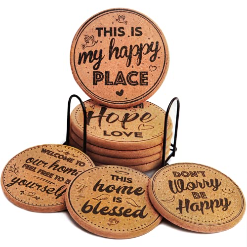 Cork Coasters for Drinks Absorbent with Holder - Cute & Funny Set of 8 Large Round Outdoor Cup Wooden Table Protection, Coffee Trivet, Cups and Mugs Cool Drink Coaster Gift