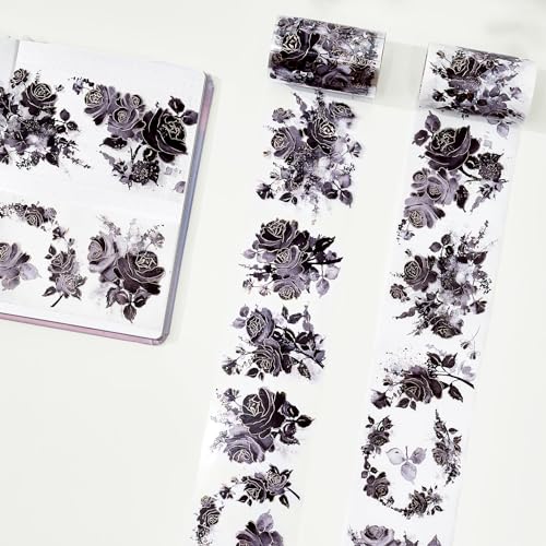 WT Rose Noir Wide PET Tape Gilded,Single Roll,Original Designs,Black Floral Decors,Transparent Clear Adhesive Tape,Gold Foil,Scrapbooks Junk Bujo Journals Planners DIY Crafts Supplies Gifts - color: Rose Noir Wide PET Tape (Gilded)