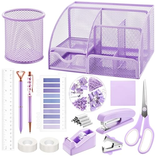 Fayoo 15 Pcs Purple Office Supplies Set Mesh Desk Organizer Accessories Kit - color: Purple
