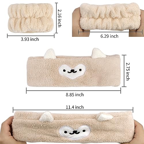 AHONEY Face Wash Headband and Wristband Set, Cute Makeup Spa Skincare Headbands Wrist Bands for Washing Face Headband for Women Girls Elastic Hair Band (White&Khaki) - color: Khaki&White