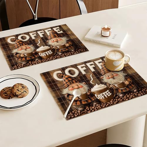 Coffee Gnomes Placemats Set of 6, Cafe Station Table Mats, Washable Place Mats for Coffee Bar Home Party Indoor Kitchen Dining Table Decor 12x18 Inch - color: Coffee Gnome, size: Set of 6