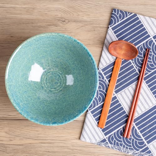 40oz Japanese Ceramic Ramen Bowl Set of 2 with Chopsticks and Spoons for Pho Udon Asian Soup Noodles (Turquoise) - color: Turquoise
