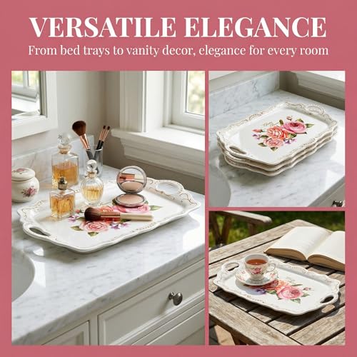 Nicunom 3 Pack Melamine Serving Tray with Handles, Floral Serving Trays Stackable Food Tray for Eating Unbreakable Large Serving Platter for Party, Decor, Home, Restaurant, Gift,16" L x 11" W