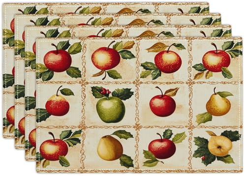 Apple Pear Placemats Set of 4, Retro Fruit Place Mats, Fruits Waterproof Washable Table Mats for Home Party Indoor Kitchen Dining Table Decoration 12x18 Inch - color: Apple Pear, size: Set of 4