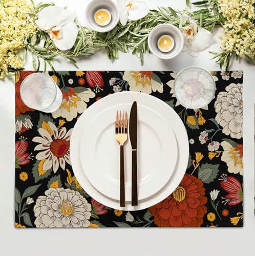 Black Boho Floral Placemats Set of 4 Spring Summer Vintage Flowers Botanical Decorative Table Mats Mid Century Modern Linen Place Mats for Party Kitchen Dining Outdoor Indoor Decor - color: Black Boho Floral