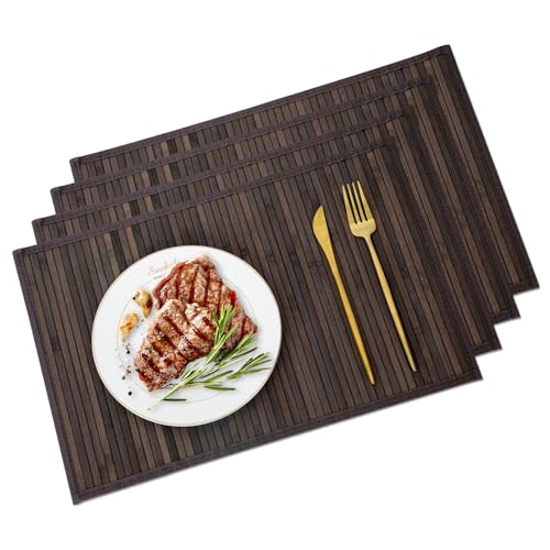 Bamboo Placemats Set of 4 with Fabric Border, Table Mats, Walnut - color: Walnut, size: Set of 4