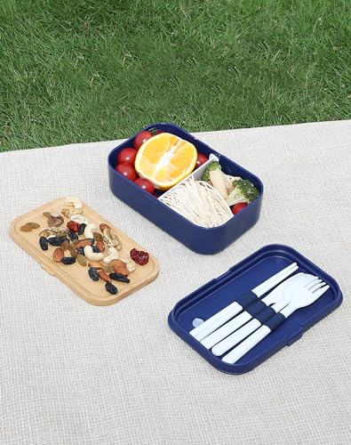 Bento Box for Adult Lunch Containers with Utensils for Men/Women Blue - Natural Bamboo Lid, Chopsticks, Microwave Safe, Dishwasher Safe, Bpa Free, Gifts for Women, Cute, Small - color: Blue