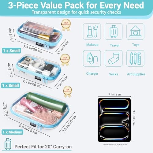 YQBRAO Clear Hard Shell Zipper Cases, 6 Travel Organizers, 2M 4S, Blue - color: Blue, size: 6 Pack (2M+4S)