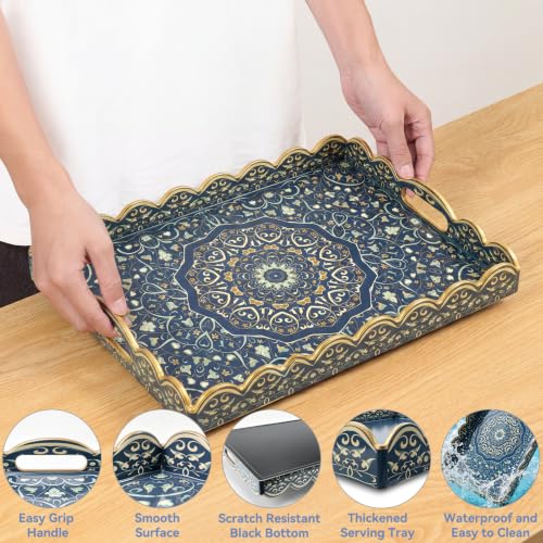 AGIOTA Coffee Table Trays for Living Room Serving Tray with Handles, Modern Large Tray for Ottoman Coffee Table - color: Wave-blue Palace