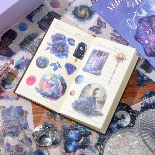 Fantasy Magic Scrapbook Stickers 20 Sheets 240 Pre-Cut Washi Stickers for Journaling PET Transparent Book Sticker Decorative or DIY Paper Crafts, Arts and Crafting Projects - color: Nebula Secret