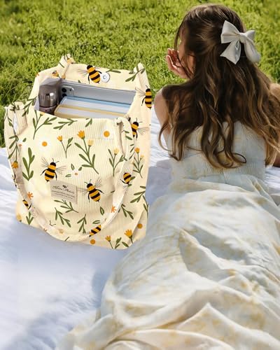 Miss Adola Corduroy Tote Bag for Women Cute Design - color: Beige Flower Bee