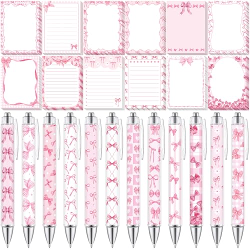 Dispowreath 24 Pcs Pink Bow Sticky Notes with Pens Coquette Gifts - style: Pink bow