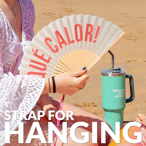 Fisura – Original Beige Folding Fan with Message qué calor, Wooden Handheld Fan for Women, Perfect for Rave, Party, Wedding, Birthday, Gift or Summer Decoration - color: Qué Calor, Beige