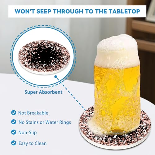 Drinks Coasters Set of 4, Sparkling Rose Gold Glitter Round 4" Cup Coasters, Absorbent Ceramic Stone Coasters with Cork Base, Cute Coasters for Table Home Décor, Ideal Gifts for Women Men - color: Glitter
