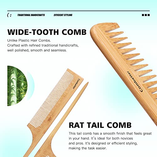 Bamboo Hair Brush and Comb Set for Hair Growth & Scalp Massager