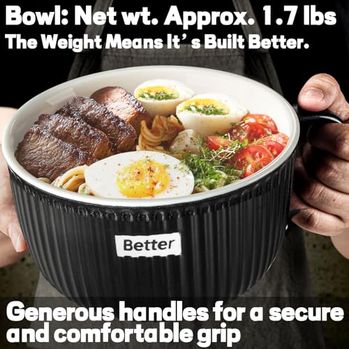 Artena 38 oz Soup Bowls with Handles, Lids, Spoons & Chopsticks – 6 Inch Large Microwave Safe Ceramic Ramen Bowls, Soup Mugs & Cereal Bowls for Instant Noodles, Oatmeal, Meal Prep (Black-Set of 2) - color: Black-Set of 2