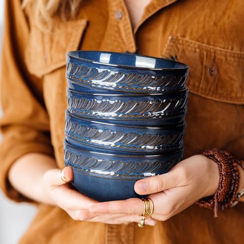 Artena Soup Bowls 32 OZ, Cereal Bowls Set of 4, Embossment Ceramic Ramen Bowl for Salad, Dinner, Pho, Noodle, Pasta, Snacks, Dishwasher Microwave Safe, 6.3 Inch, Willow Leaf, Blue - color: Blue (Willow Leaf), size: 32 OZ