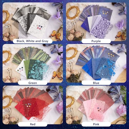 132 Sheets Textured Scrapbook Paper and Mesh Fabric Assorted Set, 6 Pack Mixed Special Paper for Scrapbooking Planner Bullet Junk Journal Supplies 5.5x4 Inch - color: A