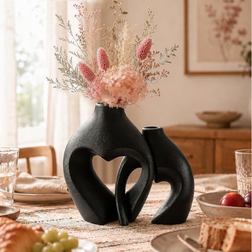 Modern Ceramic Flower Vases Home Decor Heart Shaped Vase Set of 2 Black - color: Black