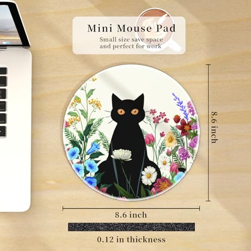 Hancynir Black Cat Floral Round Mouse Pad, Small Mousepad for Office Desk - color: Floral Cat White