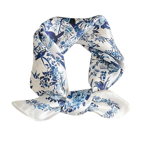 100% Mulberry Silk Scarfs Small Square Scarf 21"x21" Neck Scarf for Women - color: 3-blue White Flowers