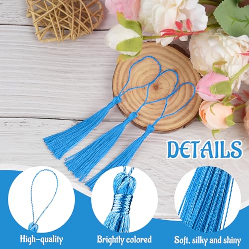 100 Pcs Bookmark Tassels Bulk Lake Blue Soft Craft Silky Handmade Mini Tassels for Jewelry Making with Loops for DIY Craft Accessory Dress Decoration - color: Lake Blue