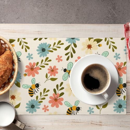 Pink and Blue Flower Bee Placemats Set of 4 12x18 Inch - color: Colorful, size: Set of 4