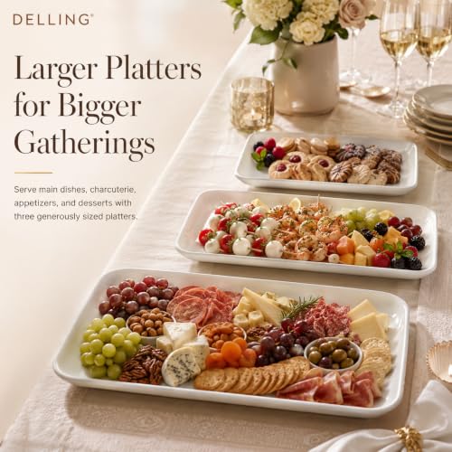 DELLING Serving Platter Set 18/16/14 Inch, Large White Porcelain Serving Trays for Entertaining, Rectangular Platters for Turkey Fruit Appetizer Party Wedding, Microwave Oven Dishwasher Safe, 3-Pack - color: White, size: 18/16/14inch