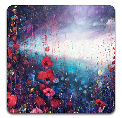 Watercolor Red Flowers Square Coaster Set-Made of Recycled Rubber-Set of 4 - color: Watercolor Red Flowers