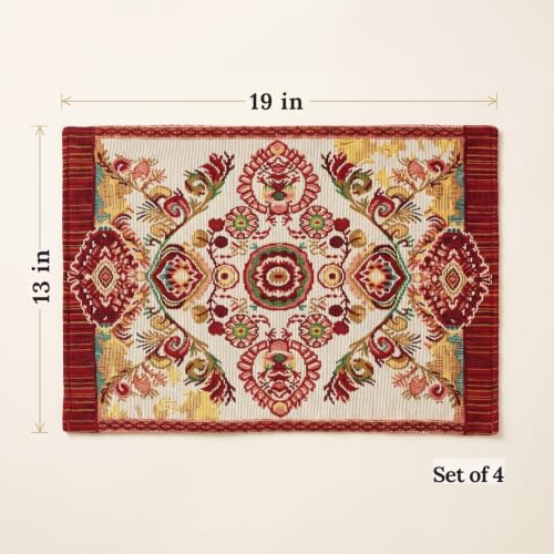 Tache Fall Placemats Set of 4, Burgundy Orange Ivory Woven Tapestry Place Mats, Elegant Paisley 13 x 19 Inch Dining Table Mats for Autumn Harvest Thanksgiving Decor