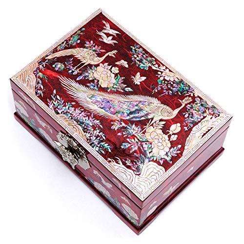 MADDesign Mother of Pearl Jewelry Box Multilevel Red Peacock Design - color: Red