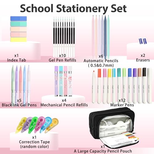 42 PCS Aesthetic School Supplies with Large Pencil Case, 12 Marker Pens with box, 5 Black Ink Gel Pens, 6 Mechanical Pencils Set, Sticky Notes, Complete Essentials Stationery Kit for Students - color: Black