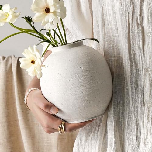 Small White Ceramic Vase - 6.3 Inch Rustic Farmhouse Flower Vase for Home Decor, Minimalist Vases for Living Room, Table, Bathroom, Holiday & Weddings (Sandstone White) - color: Sandstone White