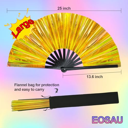 EOSAU Large Laser Rave Fan, Folding Hand Fans for Line Dancing, Gold - color: 13" Gold 01