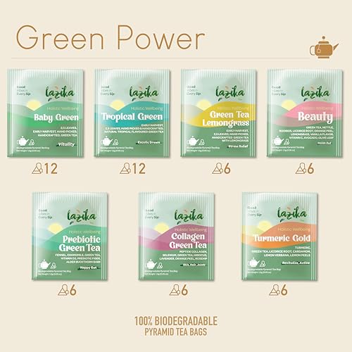 Lazika Green Tea Variety Pack with Lovely Presentation Box, 54 Counts, Green Tea Assortment Gift Set, Premium Collection with Pyramid Infuser Bag, Early Harvest, Handcrafted