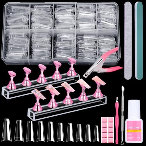 600PCS Clear Coffin Nail Tips Set, French Half Cover Fake Nail Tips Kit - color: French Half Cover Nail Tips Set